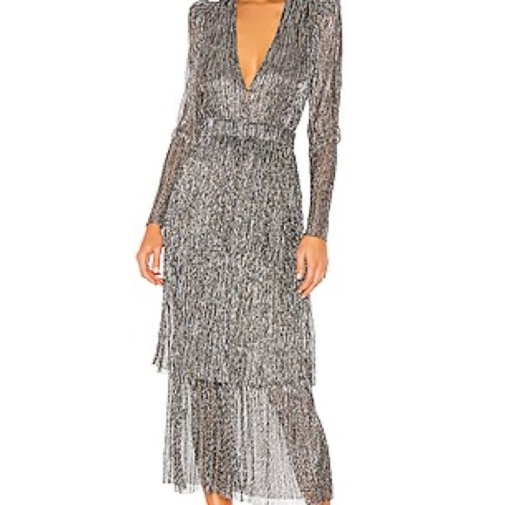 Sabina Musayev Carry Tiered Belted Multi Metallic Maxi Dress
